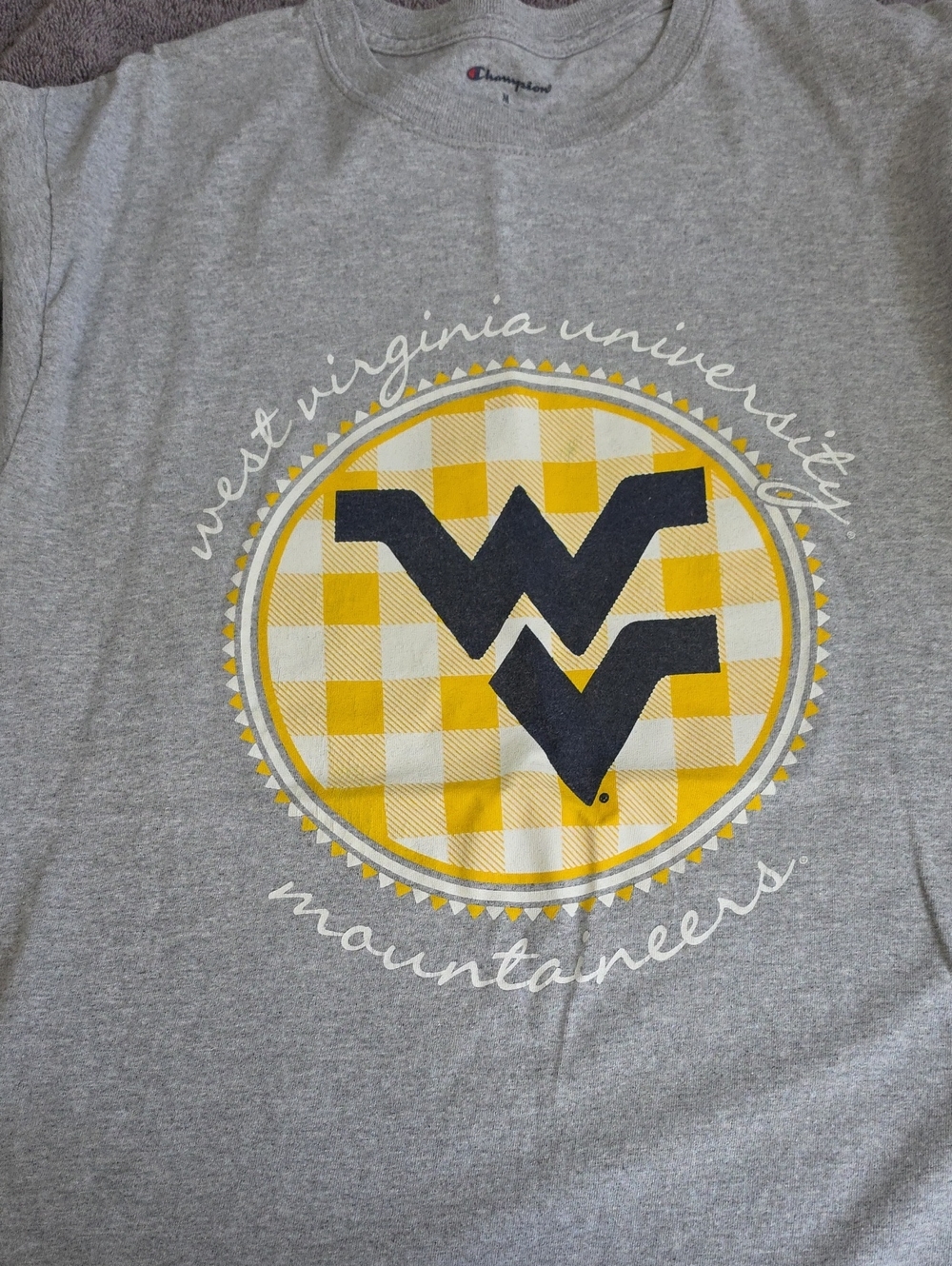 Champion Gray Short-Sleeve Tee with Yellow Plaid WV Logo